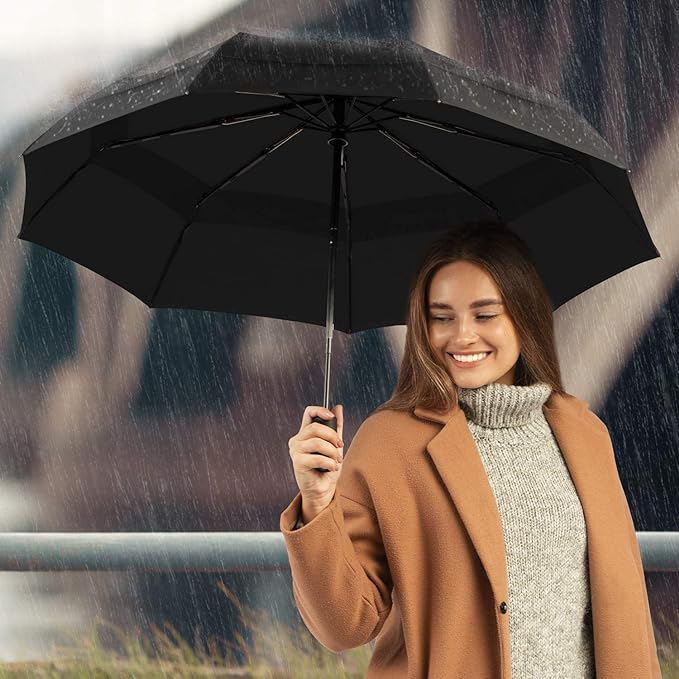 Portable Auto Travel Umbrella - Umbrellas for Rain Windproof, Strong Umbrella for Wind and Rain, Auto Open/Close Button and Perfect Car Umbrella for Men & Women (Black)