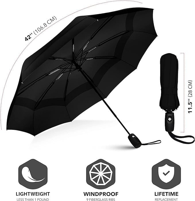 Portable Auto Travel Umbrella - Umbrellas for Rain Windproof, Strong Umbrella for Wind and Rain, Auto Open/Close Button and Perfect Car Umbrella for Men & Women (Black)