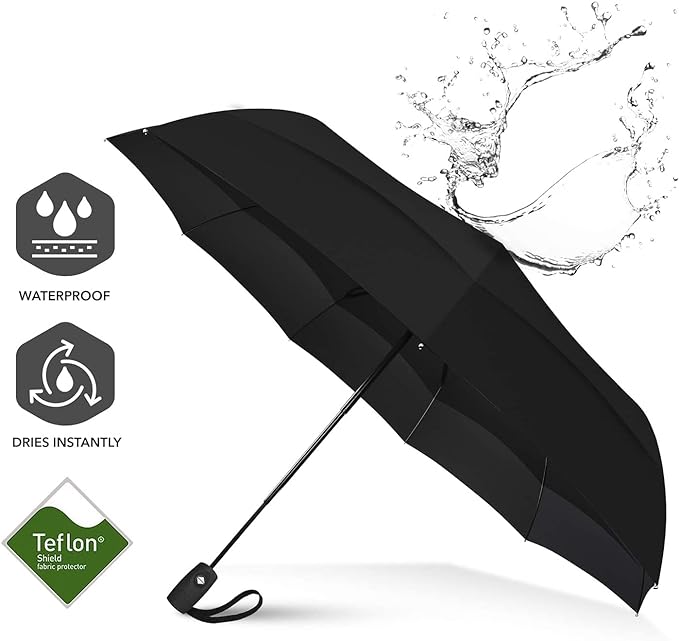 Portable Auto Travel Umbrella - Umbrellas for Rain Windproof, Strong Umbrella for Wind and Rain, Auto Open/Close Button and Perfect Car Umbrella for Men & Women (Black)