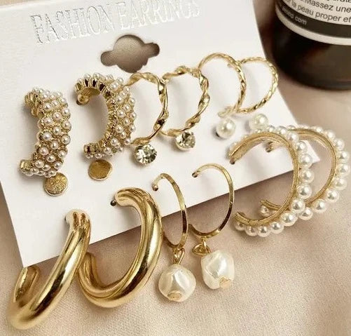 Combo Of 9 Pair Stunning Gold Plated Pearl Hoop |Drop, Tiny and Studs Earrings for Women & Girls