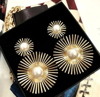 Galaxy Gold-Plated Dual Sun Shaped | Korean Pearl Drop Earrings (2pcs)