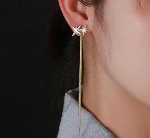 korean Beautiful and Stone Gold Look Long Chain Earrings