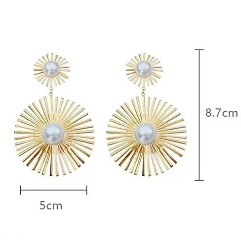 Galaxy Gold-Plated Dual Sun Shaped | Korean Pearl Drop Earrings (2pcs)