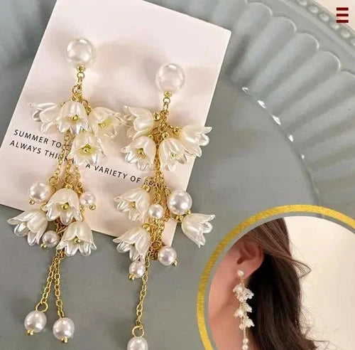 Lily Flower & Lightweight Faux Pearl |Drop Earrings | Delicate Pearl Tassel | Threaders Long Korean Earrings For Girls & Woman