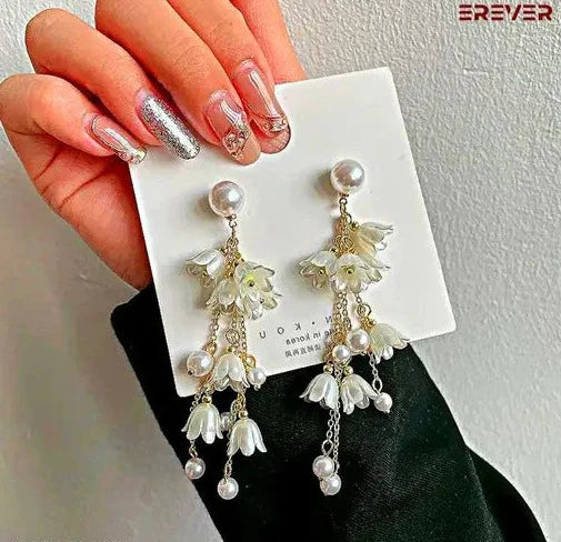 Lily Flower & Lightweight Faux Pearl |Drop Earrings | Delicate Pearl Tassel | Threaders Long Korean Earrings For Girls & Woman