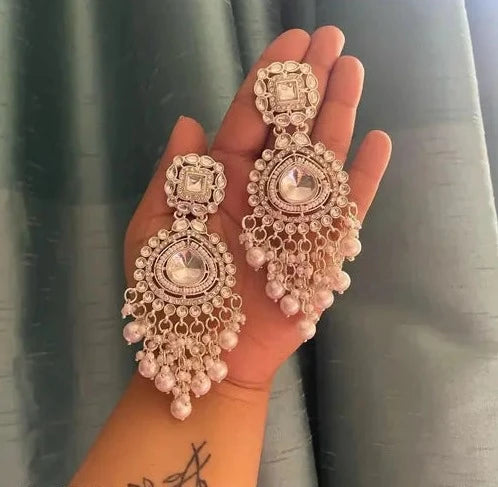 Radiant Royals: White Kundan Chandelier Earrings