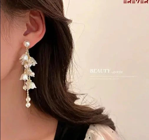 Lily Flower & Lightweight Faux Pearl |Drop Earrings | Delicate Pearl Tassel | Threaders Long Korean Earrings For Girls & Woman