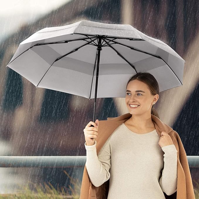 Stylish Windproof Umbrella for Women, Men | Kids - 3-Fold | Auto Open/Close | Compact Travel Umbrella (Grey) for Rain| Sun Protection