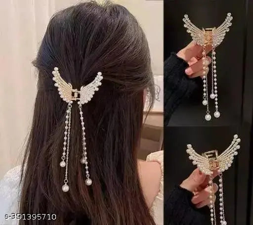 Dazzle Pearl Tassel Butterfly Style Hair Claw Clip Metal Clutcher Claw Clamps Korean Style Wedding Hair Accessories For Girls And Woman (Pack of 1)