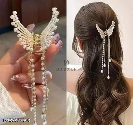 Dazzle Pearl Tassel Butterfly Style Hair Claw Clip Metal Clutcher Claw Clamps Korean Style Wedding Hair Accessories For Girls And Woman (Pack of 1)