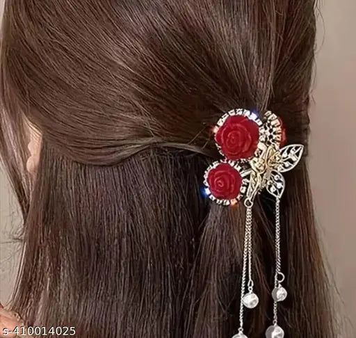 1pc Red Flocking Rose Flower Hair Clip, Female Autumn And Winter Hair Clip Headwear Small Cherry Tassel Hair Clip