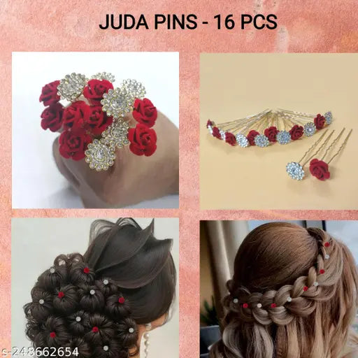 Bridal Hair Bun Pin Accessories / Fancy Golden Juda Pins with Artificial | Red Rose and Clear Rhinestone for Women and Girls - Set of 16 PCs