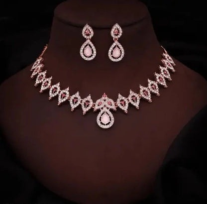 Rose Gold AD Studded Necklace Set With 1 Pair of Earrings