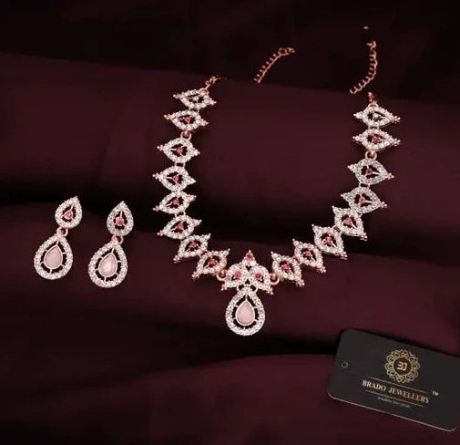 Rose Gold AD Studded Necklace Set With 1 Pair of Earrings