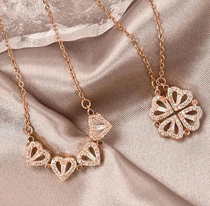 Radiant Love: Gold-Plated Four-Leaf Clover Necklace with Diamond Heart Pendant | Versatile Magnetic Stainless Steel Clavicle Chain