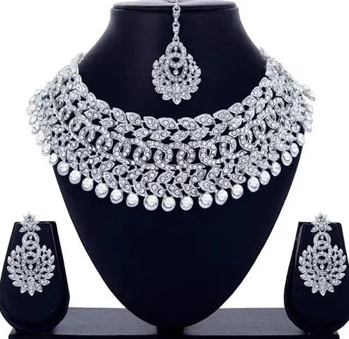 Ethereal Elegance Rhodium-Plated Jewelry Set with White Austrian Diamonds