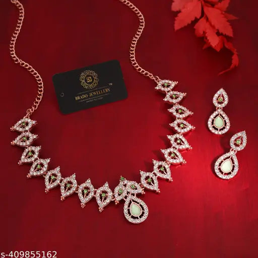 Rose Gold AD Studded Necklace Set With 1 Pair of Earrings