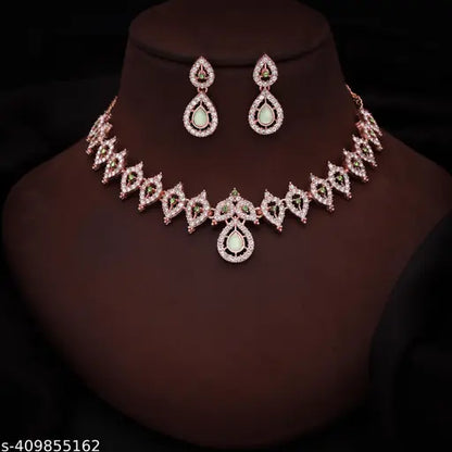 Rose Gold AD Studded Necklace Set With 1 Pair of Earrings