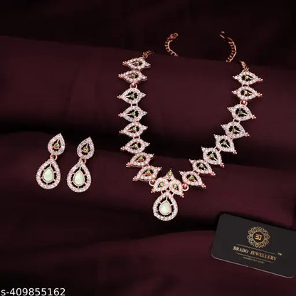 Rose Gold AD Studded Necklace Set With 1 Pair of Earrings