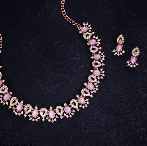 RoseGold Plated Necklace Set with 1 Pair Of Earring | Elegance in Lavender | RoseGold & AD Jewelry Set