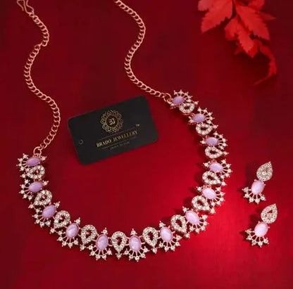 RoseGold Plated Necklace Set with 1 Pair Of Earring | Elegance in Lavender | RoseGold & AD Jewelry Set