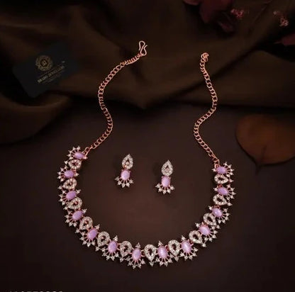 RoseGold Plated Necklace Set with 1 Pair Of Earring | Elegance in Lavender | RoseGold & AD Jewelry Set