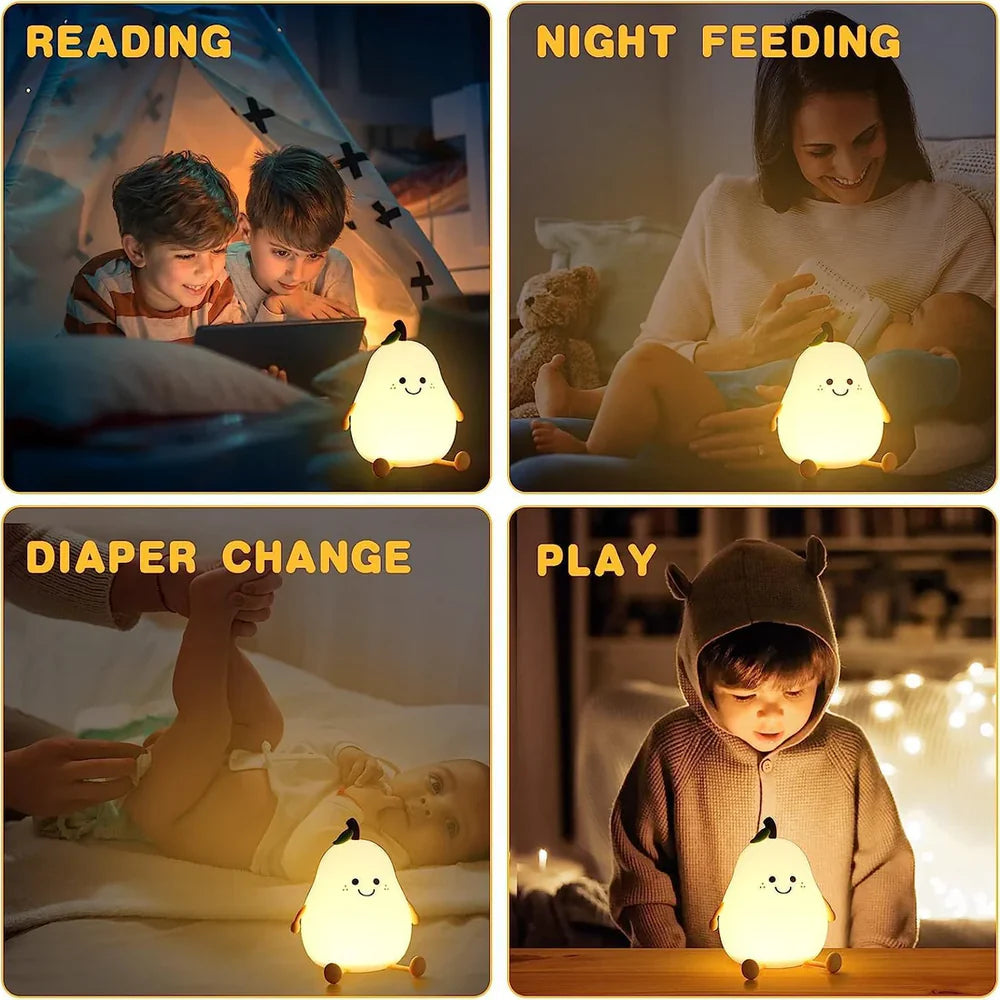 Night Light for Kids | Cute Silicone Nursery Pear Lamp for Baby and Toddler | Fruit NightLight for Boys and Girls | Squishy Night Lamp for Bedroom  | Kawaii Bedside Lamp for Kids Room (Pear)