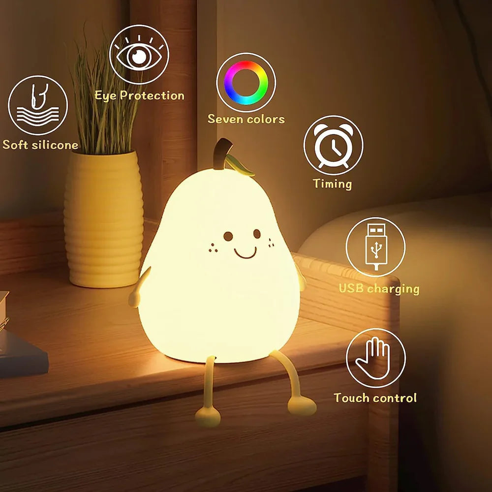 Night Light for Kids | Cute Silicone Nursery Pear Lamp for Baby and Toddler | Fruit NightLight for Boys and Girls | Squishy Night Lamp for Bedroom  | Kawaii Bedside Lamp for Kids Room (Pear)