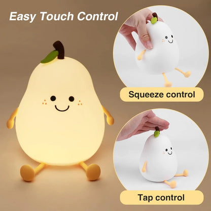 Night Light for Kids | Cute Silicone Nursery Pear Lamp for Baby and Toddler | Fruit NightLight for Boys and Girls | Squishy Night Lamp for Bedroom  | Kawaii Bedside Lamp for Kids Room (Pear)