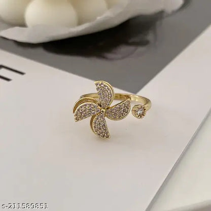 Rotating Cubic Zirconia Studded Adjustable Gold-Plated Spinner Ring